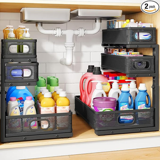 HERJOY Under Sink Organizer, 2-Pack 3-Tier Height Adjustable Thickened Metal Pull out Cabinet Organizer Shelf, Slide out Storage Drawer Rack for Bathroom Kitchen Pantry Home Laundry Organization