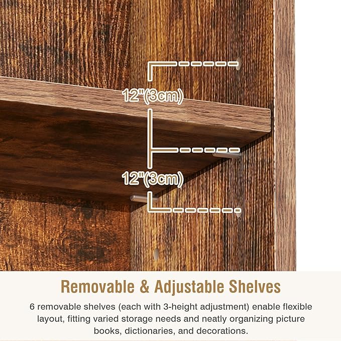 VECELO 6 Adjustable Shelf Narrow Storage Shelf - Elevated Dust-Resistant Base, Customizable Compartment Heights, Brown Display Shelf for Small Spaces