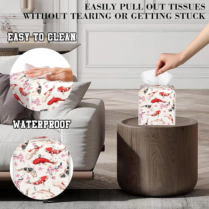 Tissue Box Holder Koi Fish and Cherry Blossom Square Leather Tissue Box Cover Modern Cube Facial Paper Cover Case for Bathroom Vanity Countertop Night Stands Tabletop