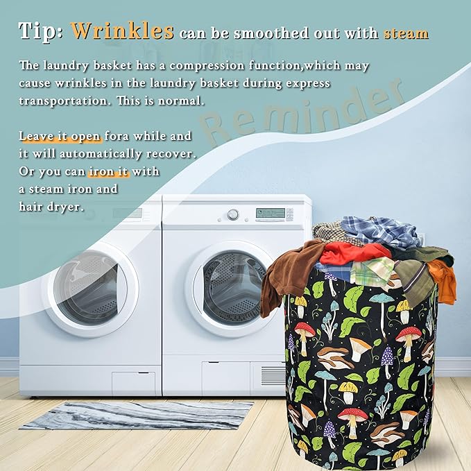 Mushroom Laundry Basket Foldable With Handles Colorful Tote Bag Oxford Cloth Portable Laundry Hamper Clothes Storage Bucket Toy Organizer 18.9"x16.5" For Bathroom/Laundry/Bedroom
