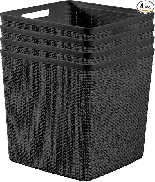 Curver Set of 4 Large Cube 17L Jute Decorative Plastic Organization and Storage Baskets - Perfect Bins for Home Office, Closet Shelves, Kitchen Pantry and All Bedroom Essentials, Black