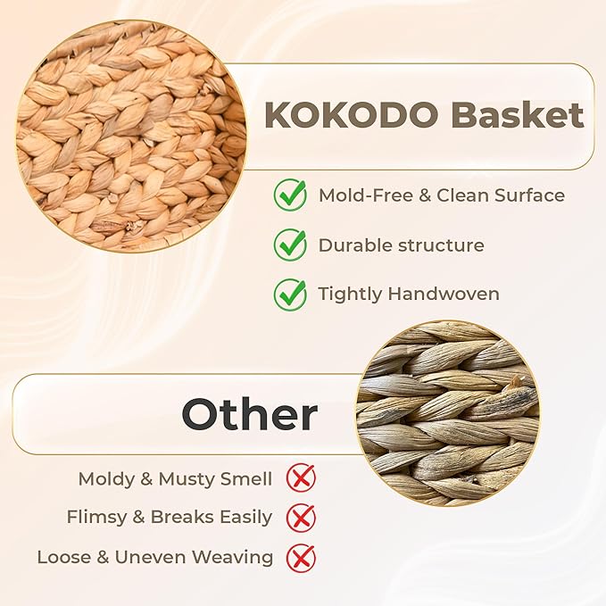 KOKODO Pack 3 Medium Wicker Storage Baskets with Handles, Stylish and Durable Water Hyacinth Rectangle Handwoven Basket Bin with Metal Frame & Handle for Room Organizing
