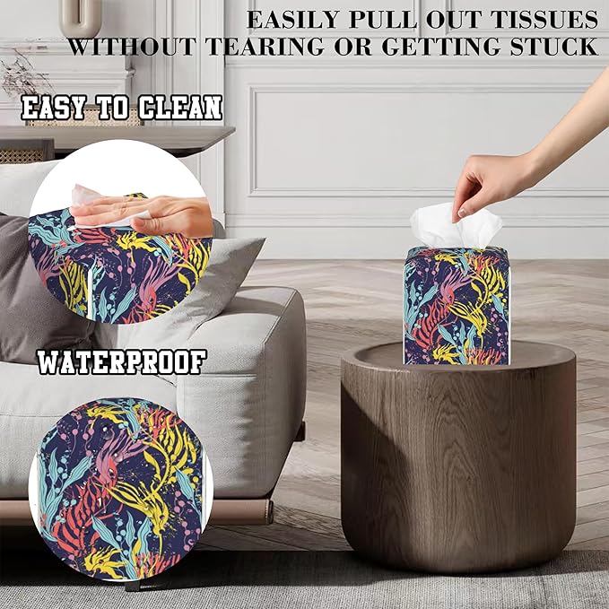 Tissue Box Cover Colorful Seaweed and Coral Leather Tissue Box Holder Cube Paper Case Cover Facial Paper Organizer Dispenser for Bathroom, Vanity Countertop, Office Desk