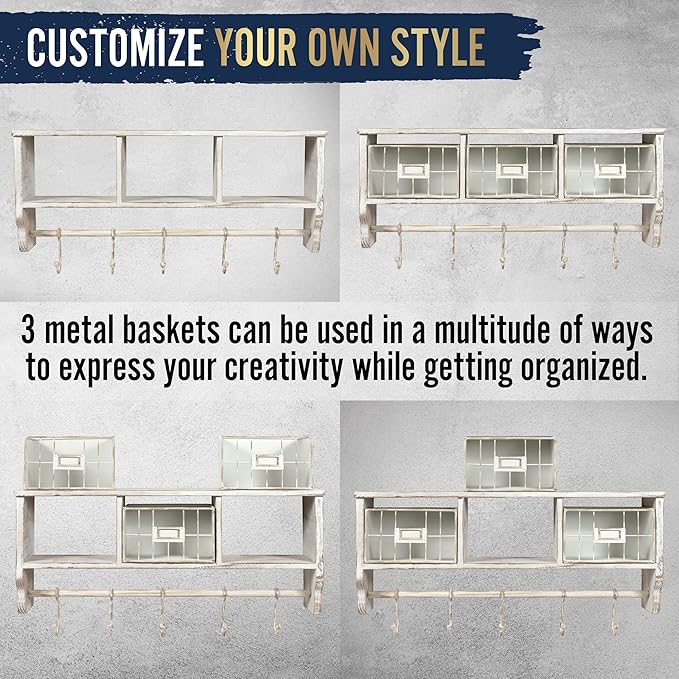 HBCY Creations Wall Mounted Shelf with Coat Hooks and Baskets, Solid Wood Entryway Organizer Wall Shelf with Hooks - Hang Coats, Keys or Coffee Mugs, Rustic Whitewashed 24" Wide