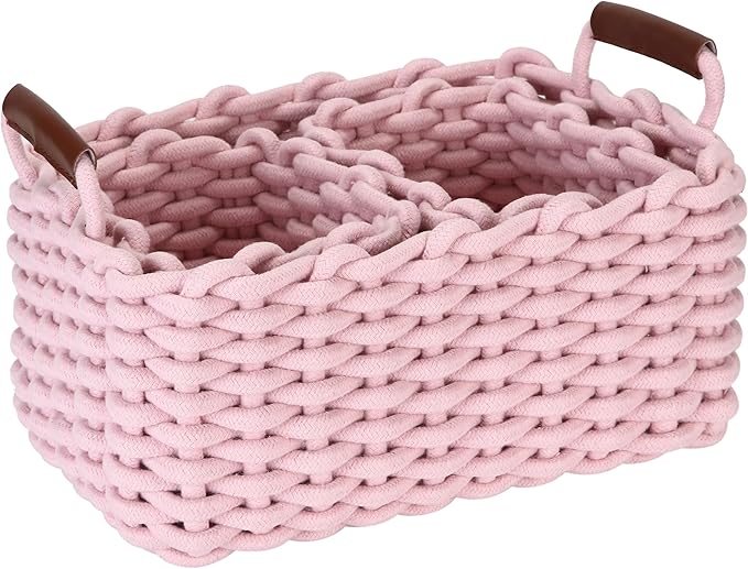 Sea Team 3-Pack Rectangle Woven Cotton Rope Storage Baskets with Handles, Shelf Basket, Closet Organizers, 3-in-1, Pink