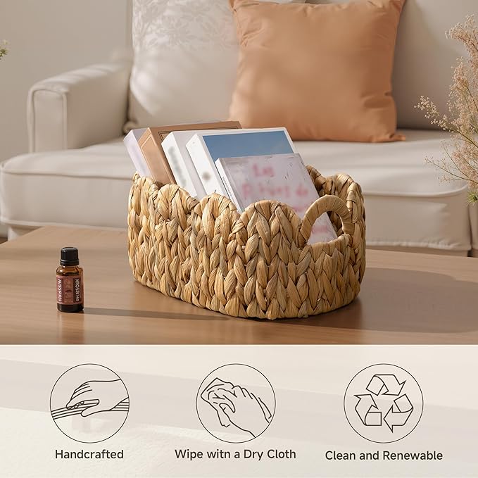 StorageWorks Scalloped Wicker Basket, Woven Baskets for Storage, Rattan Baskets with Handles, Paper Rope Basket for Organizing and Decor, 2 Pack