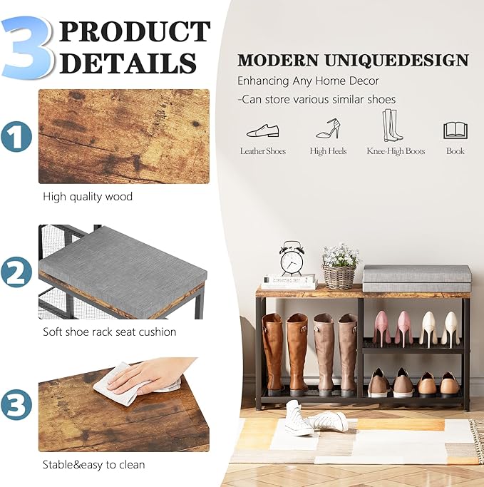 Shoe Rack for Entryway, Freestanding Hidden Shoe Storage Organizer, Boot Shoe Bench Shelves for High Heels with Seat cushion, Narrow Wood Shoe Rack for Entrance Closet, Hallway, 3 Tier (Brown + Gray)