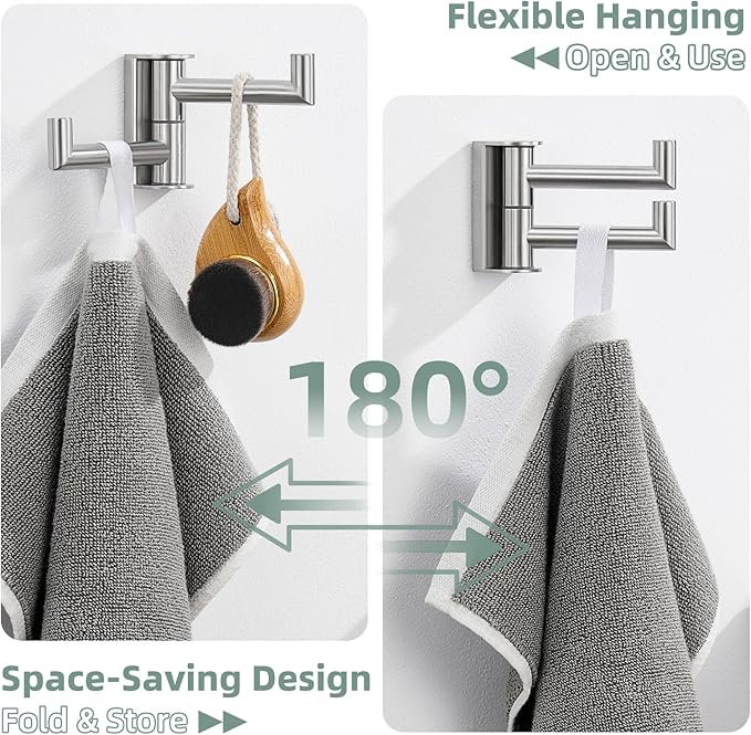 Brushed Nickel Double Swivel Towel Hook, 304 Stainless Steel Folding Clothes Hanger, Wall Mounted