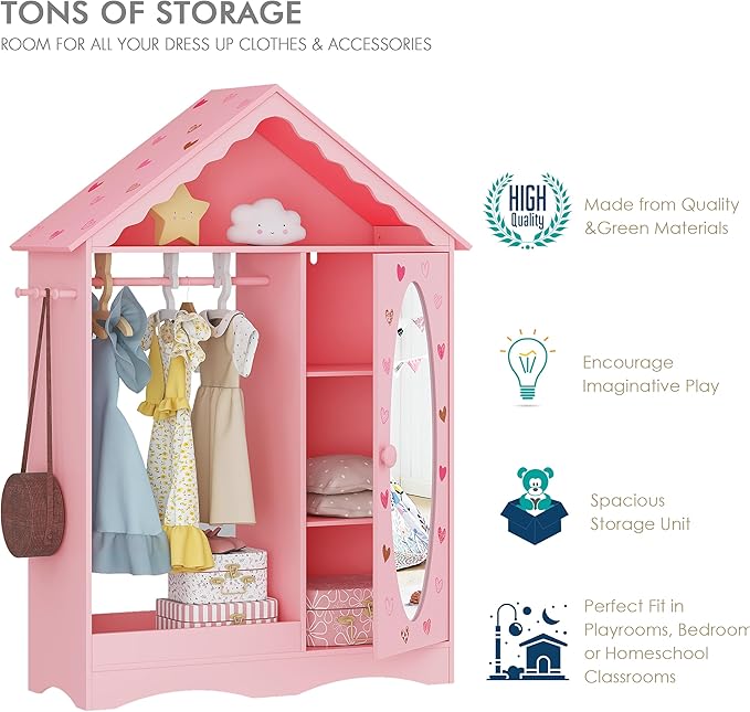 UTEX Kids Dress Up Storage with Mirror, Kids Wardrobe Closet, Dress Up Armoire for Little Girls, Open Hanging Costume Organizer with Storage Cabinet for Kids Room, Playroom | with Mirror, for Little Girls, Open Hanging, Costume Organizer, with Storage ...