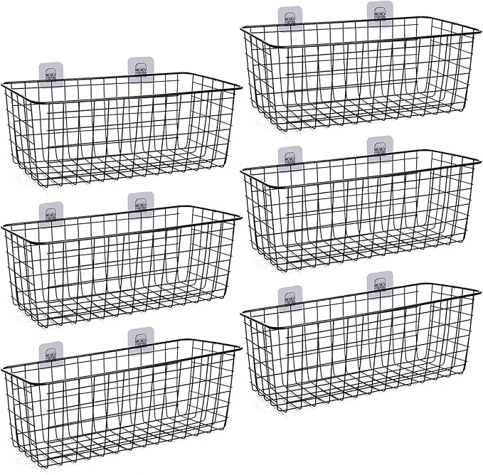 6 Pack Wire Storage Baskets Household Metal Wall-Mounted Containers Organizer Bins for Kitchen Bathroom Freezer Pantry Closet Laundry Room Cabinets Garage Shelf, Large