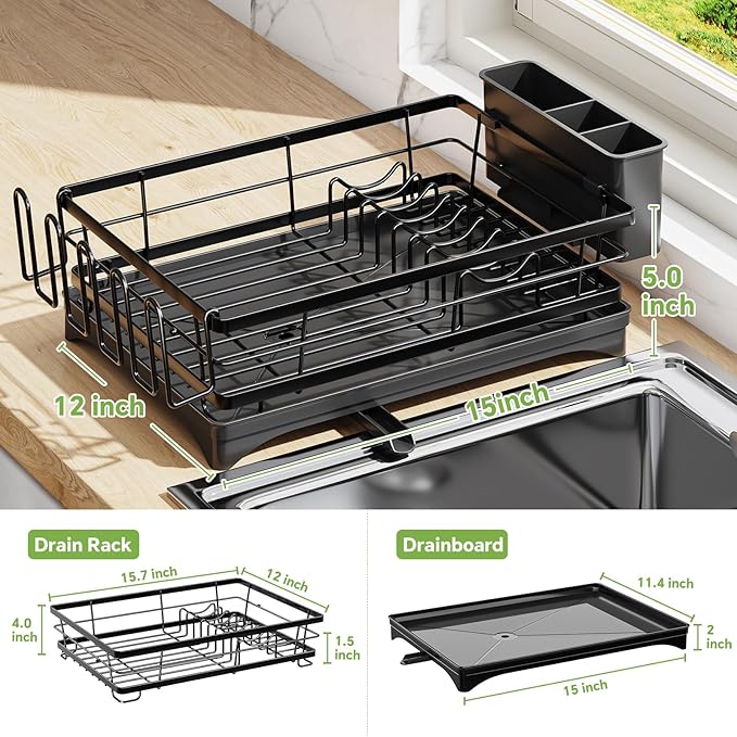 Dish Drying Rack for Kitchen Counter - Large Capacity Dish Drainer with Cutlery Holder & Drip Tray, Space Saving Kitchen Organizer (12x15.7), Black