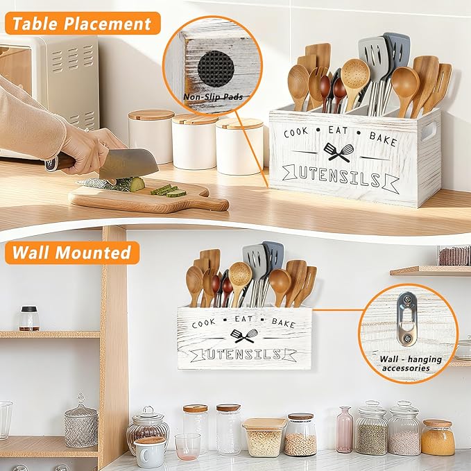 Extra Large and Durable Retro White Wooden Kitchen Utensil Holder - Ideal Kitchen Decor for Countertop with Party and Home Use （Retro White Extra Large）