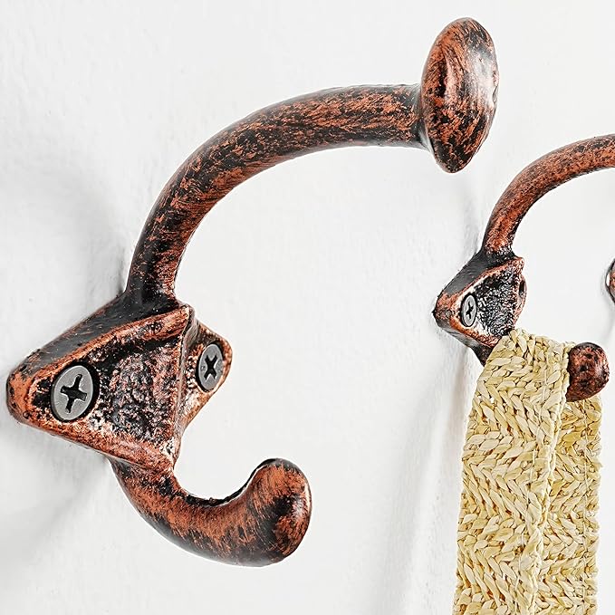 Dseap Cast Iron Wall Hooks, Heavy Duty Coat Hooks, Rustic Vintage Farmhouse Hook for Hanging Winter Coats Jackets Towels Hats Bags Plants, Antique Brown, Pack of 5 (ShldCast)