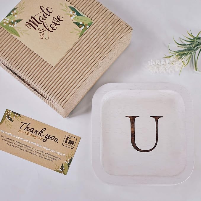 I'm Wooden Personalized Letter Catchall Valet Tray Trinket Dish Jewelry Tray Key Bowl Decorative Plate Organizing Ring Earrings Necklaces Bracelet Watch Coins Wallet Holder (6"x6" Sq White U)