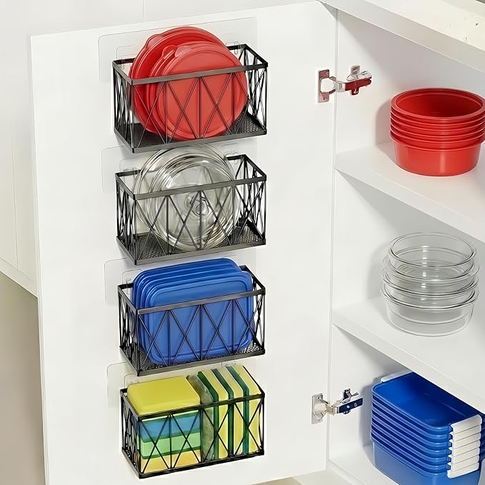4 Pack Adhesive Cabinet Door Lid Organizer for Tupperware, Inside Cabinet Plastic and Food Container Lid Holder, Wall Mounted Slim Space Storage for Pantry Door or Under Sink