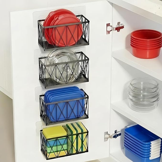 4 Pack Adhesive Cabinet Door Lid Organizer for Tupperware, Inside Cabinet Plastic and Food Container Lid Holder, Wall Mounted Slim Space Storage for Pantry Door or Under Sink