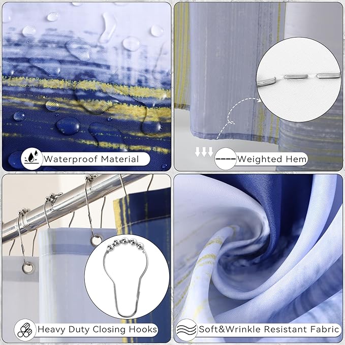 Bathroom Set - Navy Blue and Gold Bathroom Accessories Set, Bathroom Sets with Shower Curtain and Rugs, Blue Shower Curtain Set with Bathroom Trash Can, Soap Dispenser,Soap Dish for Home Decor