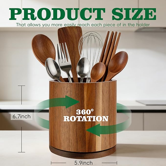 Acacia Wood Utensil Holder 360°Rotating Anti-Tip Design for Kitchen Counter,Cooking Utensil Crock for Countertop , Large Utensil Organizer for Spatula