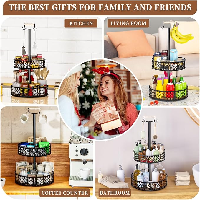 Heavy-Duty 2 Tier Lazy Susan Organizer, Upgraded DIY 3-in-1 Design Detachable Metal Rotating Spice Rack, Spice Organization for Kitchen Cabinet Countertop