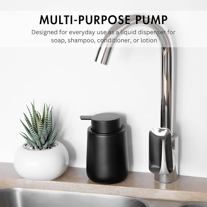 Matte Black Round Soap Dispenser for Kitchen & Bathroom – 9 oz Refillable Resin Pump Bottle for Dish Soap, Hand Soap, Shampoo, Conditioner – Modern Countertop Dispenser with Non-Slip Protective Pads