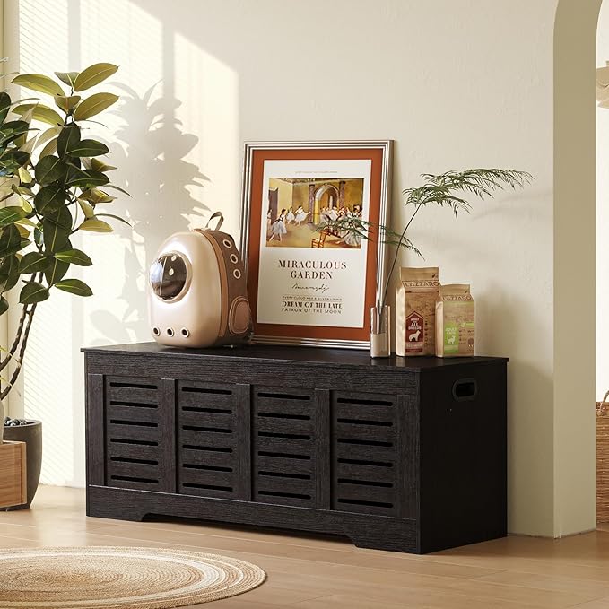 DINZI LVJ Storage Chest, 47.3â Wooden Toy Box with 2 Safety Hinges, Retro Entryway Shoe Storage Bench with Flip-Top, Sturdy Large Storage Trunk for Living Room, Bedroom, Easy Assembly, Espresso