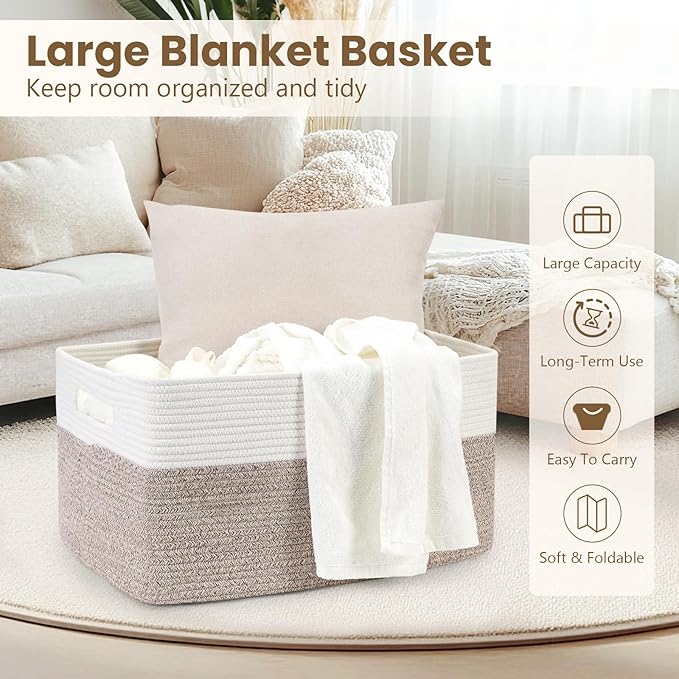 75L Large Blanket Basket, Woven Storage Baskets with Reinforced Handles, Rope Laundry Basket for Living Room, Bedroom, Nursery, Toys, Clothes,Pillows, 22â x 17â x 11.5â, White & Brown