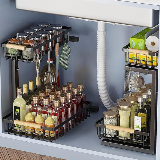 2 Pack Under Sink Organizer and Storage, Under Sink Storage for Kitchen Bathroom Cabinet, Double Pull-out Design, Height Adjustable