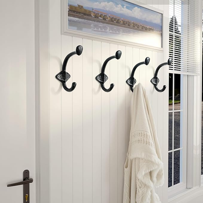 Dseap Cast Iron Wall Hooks L=5”, Heavy Duty Coat Hooks, Rustic Vintage Farmhouse Hook for Hanging Winter Coats Jackets Towels Hats Bags Plants, Antique Black, Pack of 10 (ShieldBold)