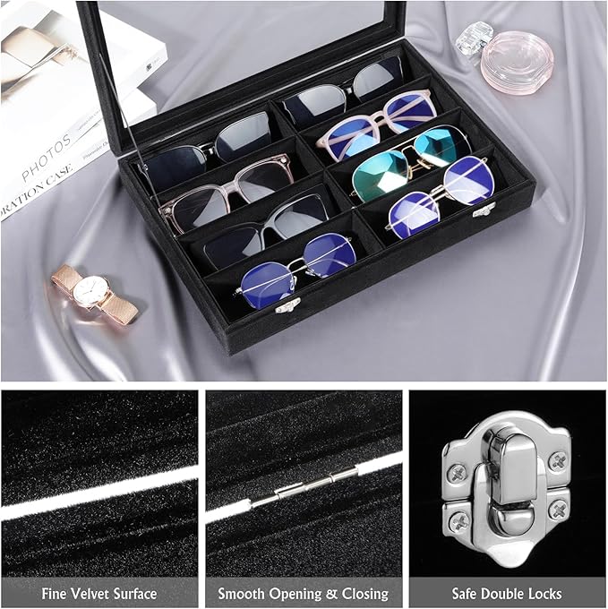 Emibele Glasses Organizer Jewelry Tray, 8 Grids with Clear Lid Velvet Tray Watch Storage Stackable Jewelry Showcase Display Storage with Detachable Inner Dividers, Black