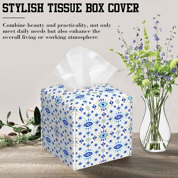 Tissue Box Holder Evil Eye Square Leather Tissue Box Cover Modern Cube Facial Paper Cover Case for Bathroom Vanity Countertop Night Stands Tabletop