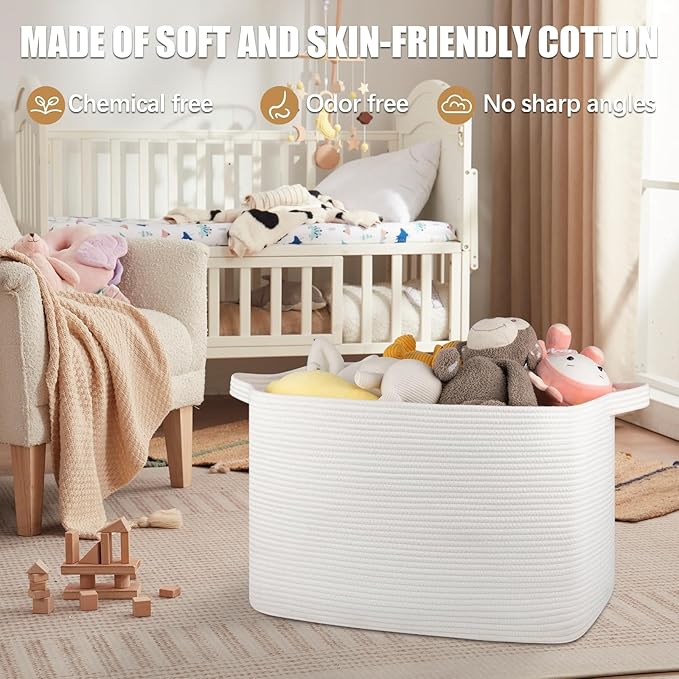 118L Extra Large Blanket Basket, 24.8"x17.7"x16.2" Woven Rope Baskets for Storage, Nursery Blanket Storage for Living Room, Toy Basket with Handle Organizing Comforter Cushions Pillows, White