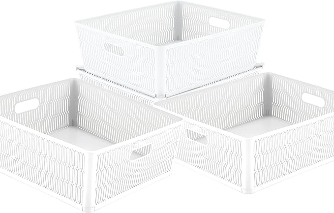 Simplify 4Pk Shallow Slide 2 Stack It Tote Basket | Storage & Organization | Open Bins with Stackable Capability | Bathroom | Crafts | Pantry | Playroom | Office | White