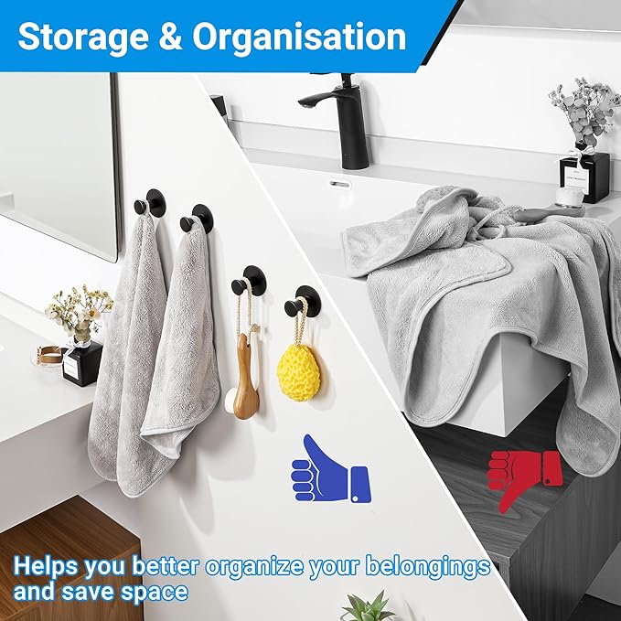 SAYAYO Self Adhesive Hooks for Hanging, Coat Hooks Wall Mount Matte Black Towel Hook for Bathrooms, Stick on Hook SUS304 Stainless Steel, 4pcs