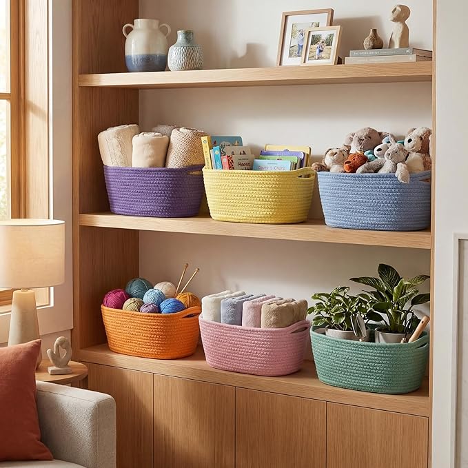 Sawysine 6 Pcs Storage Baskets Bulk for Organizing Cotton Rope Woven Basket with Handles for Gift Cloth Shelves Blanket Toys Living Room Bathroom(Morandi)