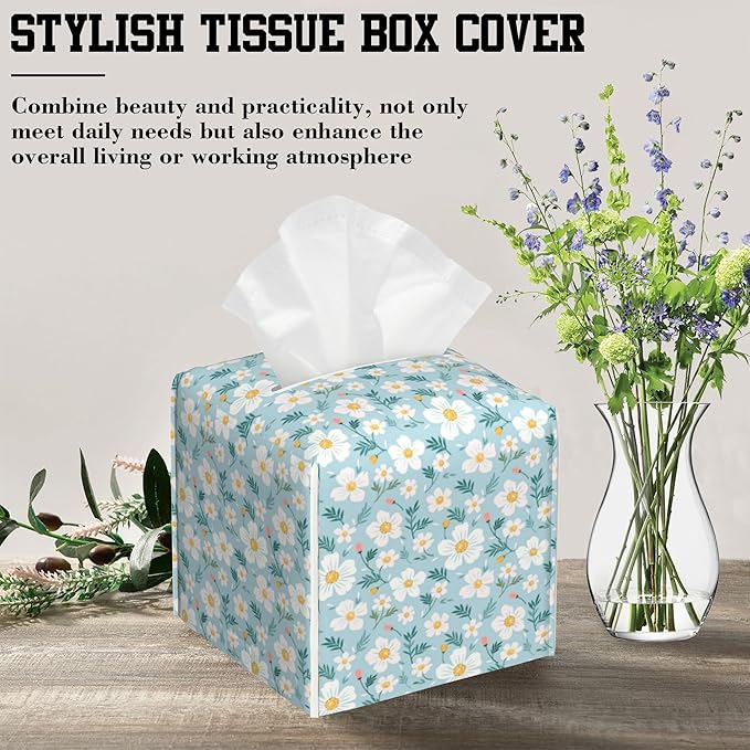 Tissue Box Cover White Flowers Leather Tissue Box Holder Cube Paper Case Cover Facial Paper Organizer Dispenser for Bathroom, Vanity Countertop, Office Desk