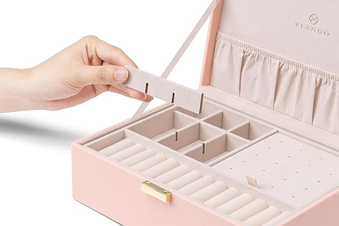 Vlando 2 Layer Jewelry Box Large Jewelry Organizer for Women Removable Jewelery Tray for Necklace Earrings Rings Bracelets Jewelry Boxes Gifts for Women (Pink)