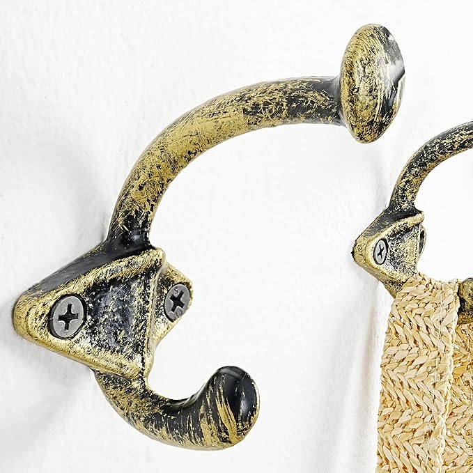 Dseap Cast Iron Wall Hooks, Heavy Duty Coat Hooks, Rustic Vintage Farmhouse Hook for Hanging Winter Coats Jackets Towels Hats Bags Plants, Antique Black& Gold, Pack of 5 (ShldCast)