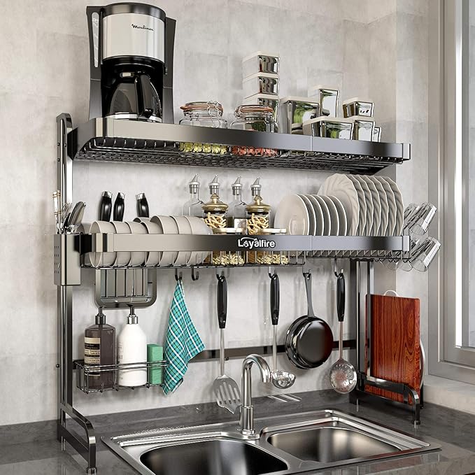 Over Sink Dish Drying Rack, 3 Tier Adjustable Length (20.87'' to 37.6'') Full Stainless Steel Large Storage Kitchen Dish Rack, Expandable Drainer Shelf Rack with Multifunctional Organizers