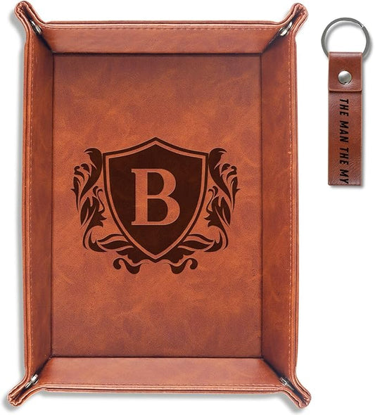 INNObeta Initial Valet Tray, Desktop Storage Organizer, PU Leather Bedside Tray Key Coin Holder, Personalised Gifts for Men, Birthday, Christmas, Letter B