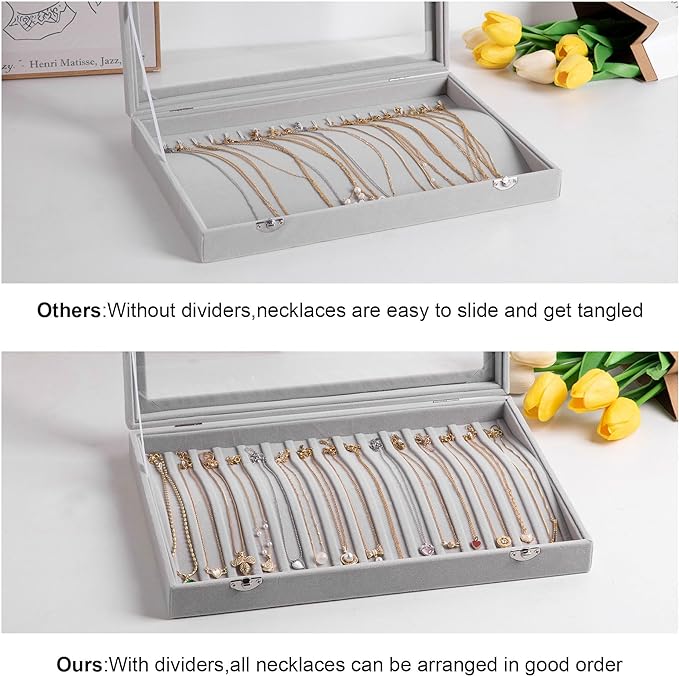 Frebeauty 15 Hooks Necklace Tray Velvet Neckalce Organizer with Clear Lid Lockable Necklace Holder Box Jewelry Organizer for Pendants Chains Necklace Jeweley Tray for Women Girl (Camel)