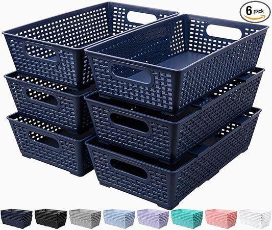 Tiawudi Stackable Woven Plastic Basket, Storage Bins for Cabinet, Closet, Shelf, Under Sink and Countertop, Pantry Organizer Bins, 6 Pack