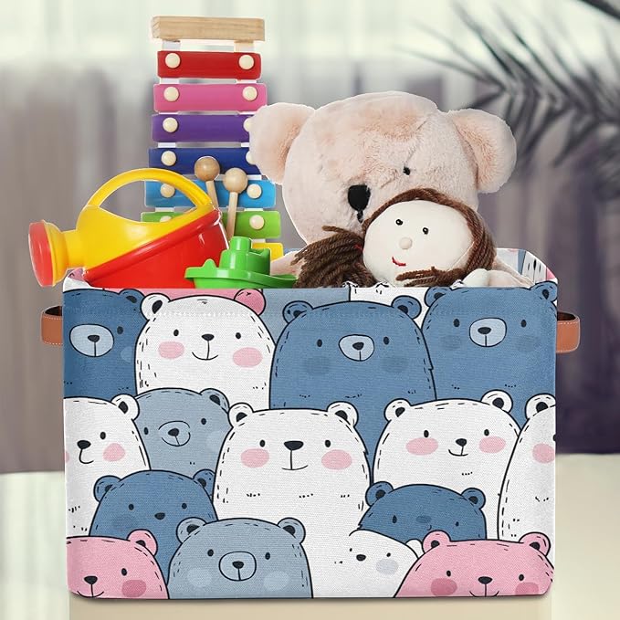 Cute Storage Bins for Organization, Canvas Book Storage Bins Handles, Bedroom Shelves Decorative Baskets for Organizing, Fabric Cube Bin Classroom Dorm Closet Organizer Box (Cute Bear)