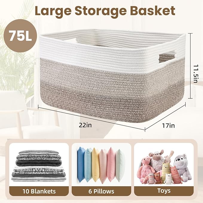 75L Large Blanket Basket, Woven Storage Baskets with Reinforced Handles, Rope Laundry Basket for Living Room, Bedroom, Nursery, Toys, Clothes, Pillows, 22â x 17â x 11.5â, White & Brown