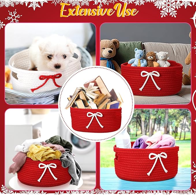 Breling 3 Pieces Valentine's Day Gift Basket Coquette Bow Laundry Hamper Cotton Rope Storage Woven Rope Bin with Handles for Decoration Organization Storage for Nursery, Pet Toy Basket(Red, White)
