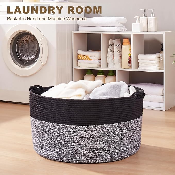Large Blanket Storage Basket for Living Room, 22.8" x 22.8" x 13" Woven Cotton Rope Basket with Handles, Baby Toy Storage, Laundry Hamper for Clothes, Pillows, Towels-Black and Grey