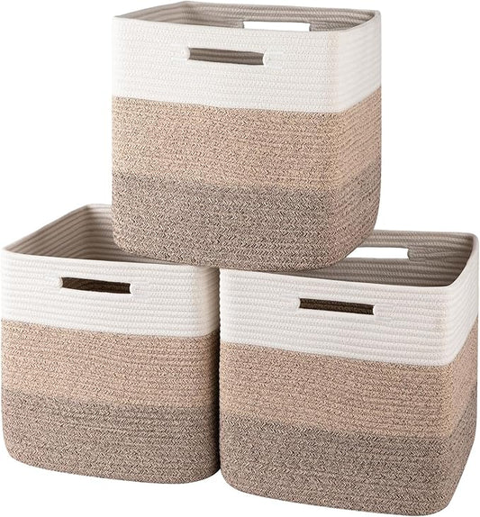 OIAHOMY 13 Kallax Inch Cube Storage Bins, 3-Pack Cotton Rope Woven Baskets for Organizing, Kallax Insert Storage Baskets for Shelves, Baby Nursery, Closet Organizer, 13 * 13 * 12.6IN, Gradient Brown