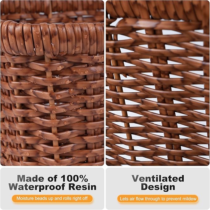 Wicker Basket for Shelves,Waterproof Woven Basket for Pantry,Storage Basket with Built-in Handles,Brown,2-Pack