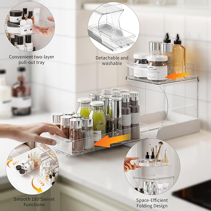 Attelite Under Sink Organizer,4 Pack 2 Tier Pull Out Cabinet Organizer with 180° Rotating & Foldable Design, Sliding Drawers for Kitchen & Bathroom Storage, Fits Under Sink, Pantry, Cabinet