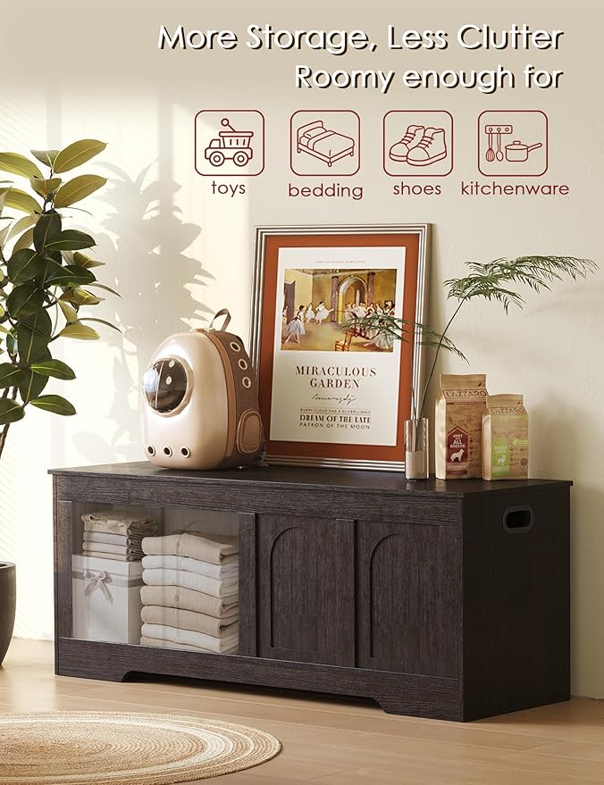 DINZI LVJ Storage Chest, 47.2âWooden Storage Box with 2 Safety Hinges, Entryway Shoe Bench with Flip-Top, Large Trunk for Living Room, Bedroom, Easy Assembly, Espresso
