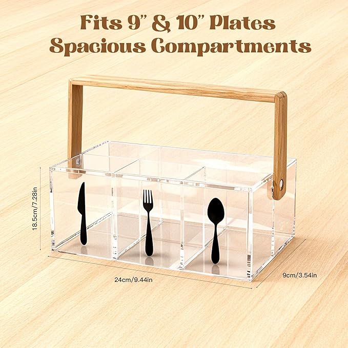 Acrylic Utensil Caddy with Bamboo Handle, Clear Silverware Organizer with Labeled Compartments & Plate Holder, Portable Cutlery Holder for Kitchen Counter, Buffet, Picnic, Party